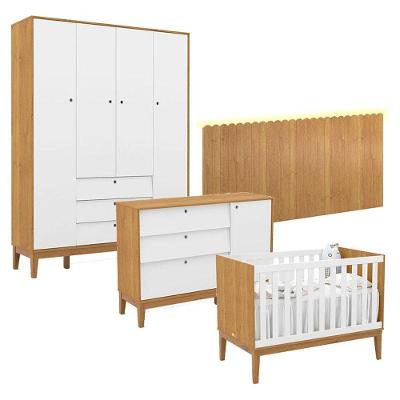 Quarto de Bebê Unique 4 Portas MDF 136 cm Branco Soft Freijó Eco Wood com Cômoda Sapateira Matic