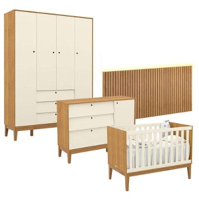 Quarto de Bebê Unique 4 Portas 3 Gavetas MDF 230.5cm Off White Freijó Matic