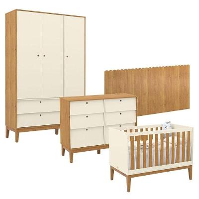 Quarto De Bebê Unique 3 Portas Com Cômoda 6 Gavetas E Painel Farm Off White Freijó Eco Wood - Matic