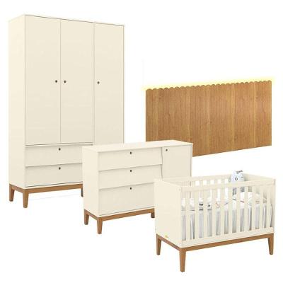 Quarto De Bebê Unique 3 Portas Com Cômoda Sapateira E Painel Farm Com Led Off White Eco Wood - Matic