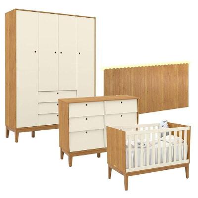 Quarto de Bebê Unique 4 Portas Cômoda 6 Gavetas MDF 225cm Off White Freijó Matic