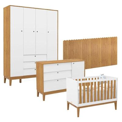 Quarto De Bebê Unique 4 Portas Com Cômoda Sapateira E Painel Farm Branco Soft Freijó Eco Wood Matic