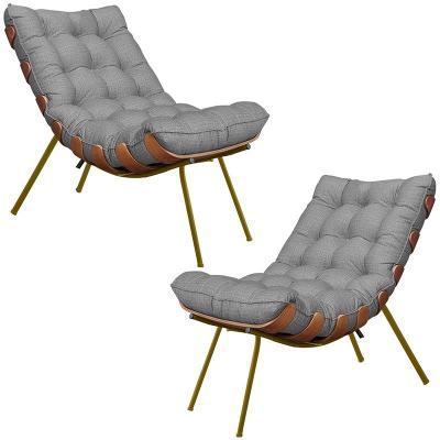 2 Poltronas Abel Base de Madeira Dourada Linho Cinza