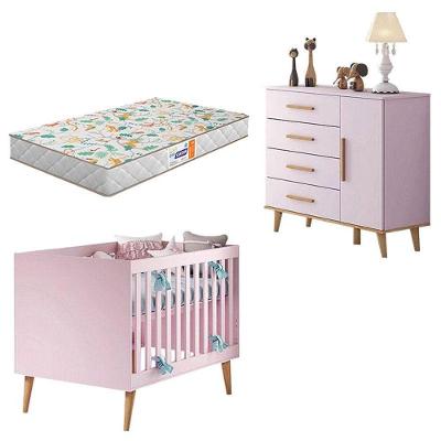 Berço Americano E Cômoda Infantil Ludmila Rosa Bétula Com Colchão Gazin - Carolina