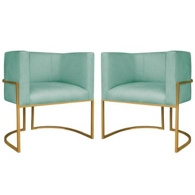 Kit 2 Poltronas Dália Luxo Moderna Estofada Design Sofisticado Com Base De Ferro Dourado Suede Cor Azul Ciano