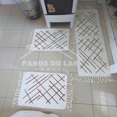 Jogo Passadeira Com Nozinho 03 Peças Jogo De Tapete Para Cozinha Geometrico 100% Algodão Modelo Linhas Caramelo