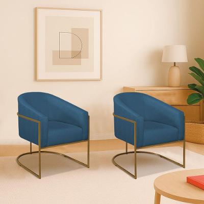 Kit 2 Poltronas Decorativa Jade Moderno Escritório Confortável Luxo Base De Ferro Dourado Linho Cor Azul Royal