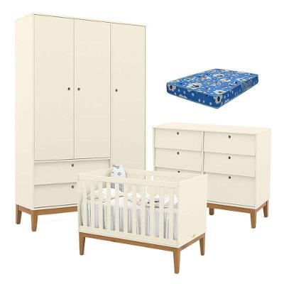 Quarto de Bebê Unique 3 Portas Cômoda 6 Gavetas MDF 136cm Off White Eco Wood Matic