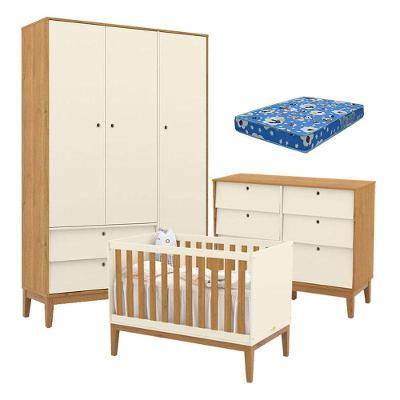 Quarto de Bebê Unique 3 Portas 6 Gavetas MDF 136cm Off White Freijó Eco Wood Colchão Ortobom Matic