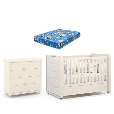 Berço Americano Com Capitonê New Boucle E Cômoda Gaveteiro Infantil Tutto New Off White E Colchão Ortobom - Matic