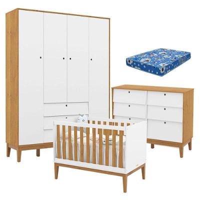 Quarto de Bebê Unique 4 Portas 6 Gavetas MDF 154cm Branco Soft Freijó Eco Wood com Colchão Ortobom