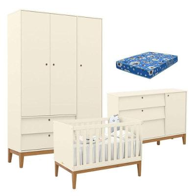Quarto De Bebe Unique 3 Portas Com Cômoda Sapateira Off White Eco Wood E Colchão Ortobom - Matic