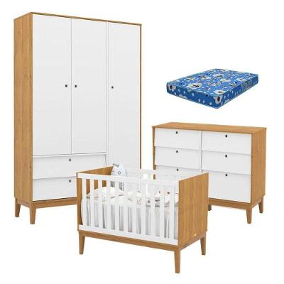 Quarto De Bebe Unique 3 Portas Com Cômoda 6 Gavetas Freijó Branco Soft Eco Wood E Colchão Ortobom - Matic