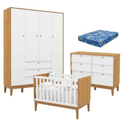 Quarto De Bebe Unique 4 Portas Com Cômoda 6 Gavetas Freijó Branco Eco Wood E Colchão Ortobom - Matic