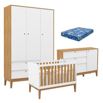 Quarto de Bebê Unique Kit com Berço Americano Guarda-Roupa 3 Portas Cômoda Sapateira MDF Branco Soft