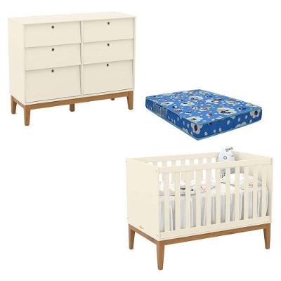 Conjunto Berço Americano e Cômoda Unique Off White Eco Wood MDF com Colchão Espuma