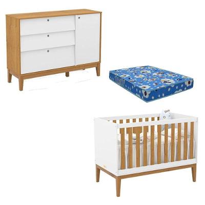 Conjunto Berço Americano Unique MDF com Cômoda Sapateira e Colchão Incluso Branco Soft Freijó