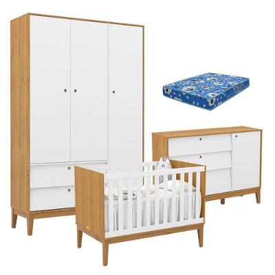 Quarto de Bebê Unique Kit com Guarda-Roupa 3 Portas Cômoda Berço Colchão MDF 136 cm Branco Matic