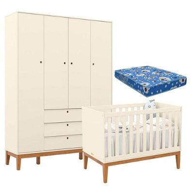 Berço Americano E Guarda Roupa Unique 4 Portas Off White Eco Wood Com Colchão Ortobom - Matic