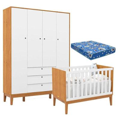 Berço Americano E Guarda Roupa Unique 4 Portas Freijó Branco Soft Eco Wood Com Colchão Ortobom