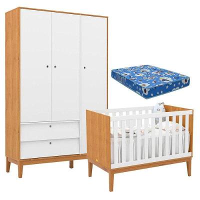 Berço Americano E Guarda Roupa Unique 3 Portas Freijó Branco Soft Eco Wood Com Colchão Ortobom
