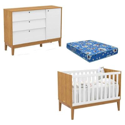 Berço Americano E Cômoda Sapateira Unique Freijó Branco Soft Eco Wood Com Colchão Ortobom - Matic