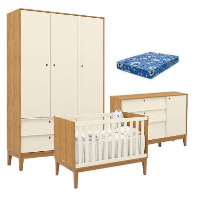 Quarto De Bebe Unique 3 Portas Com Cômoda Sapateira Freijó Off White Eco Wood E Colchão Ortobom - Matic