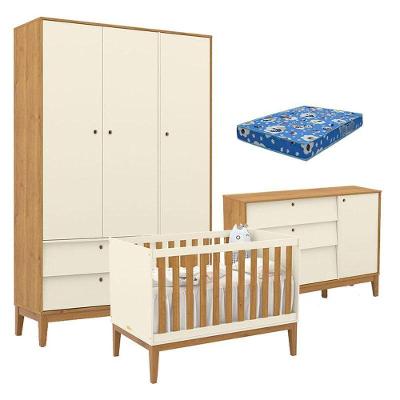 Quarto de Bebê Unique com Guarda-Roupa 3 Portas 2 Gavetas em MDF Off White Freijó Eco Wood Matic