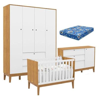Quarto de Bebê Unique 4 Portas 3 Gavetas em MDF 154cm Branco Soft Freijó Matic Móveis