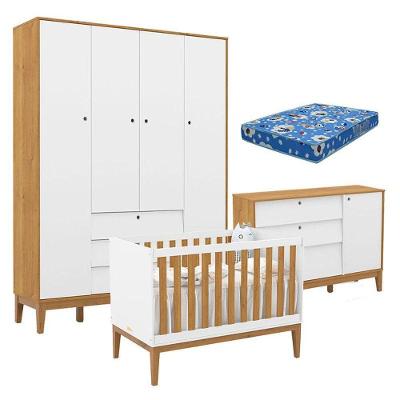 Quarto De Bebe Unique 4 Portas Com Cômoda Sapateira Branco Soft Freijó Eco Wood E Colchão Ortobom - Matic