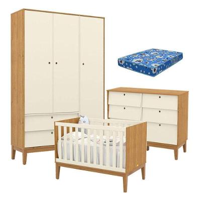 Quarto de Bebê Unique 3 Portas Cômoda 6 Gavetas MDF 136cm Off White Freijó Matic Móveis