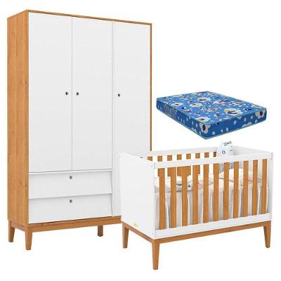 Berço Americano E Guarda Roupa Unique 3 Portas Branco Soft Freijó Eco Wood Com Colchão Ortobom