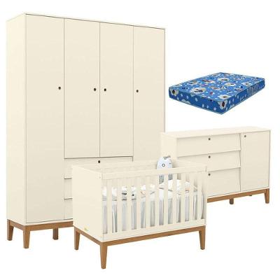 Quarto de Bebê Unique com Guarda Roupa 4 Portas em MDF 136cm Off White Eco Wood Matic Móveis