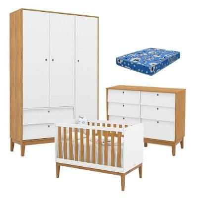 Quarto de Bebê Unique com Roupeiro 3 Portas e Cômoda 6 Gavetas MDF 136cm Branco Soft Freijó Eco Wood