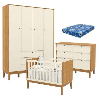 Quarto de Bebê Unique 4 Portas 6 Gavetas MDF 154cm Off White Freijó Eco Wood com Colchão Ortobom