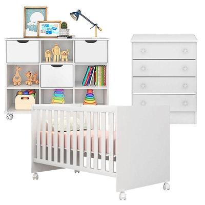 Berço Americano Doce Sonho 100 Com Rodízios E Cômoda 103 Com Nicho Organizador 3 Gavetas Branco Brilho - Qmovi