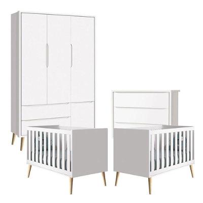 Quarto De Bebê Theo 3 Portas Com 02 Berços E Cômoda Gaveteiro Branco Acetinado Pés Madeira Natural - Reller