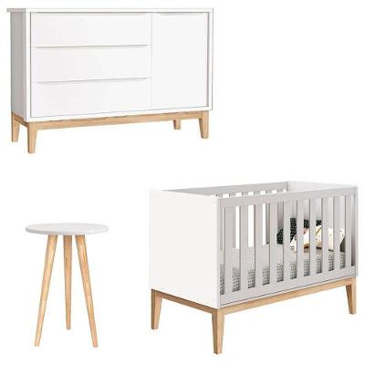 Berço Americano Cômoda 1 Porta Classic E Mesa De Canto Theo Branco Com Pés Madeira Natural - Reller