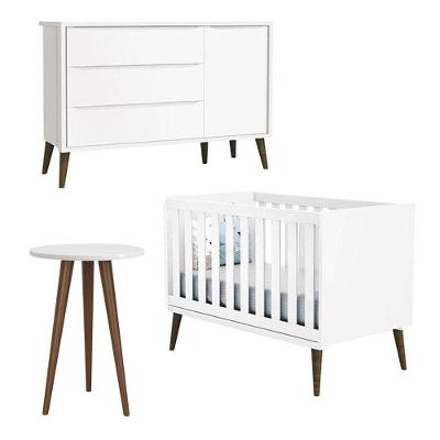 Berço Americano Com Cômoda Sapateira Infantil E Mesa De Canto Theo Branco Pés Amadeirados - Reller