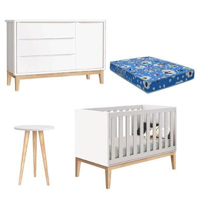 Berço Americano Cômoda 1 Porta Classic E Mesa De Canto Theo Branco Com Pés Madeira Com Colchão