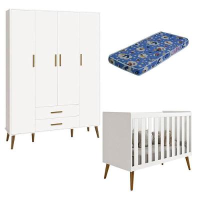 Berço Americano E Guarda Roupa Infantil 4 Portas Isis Branco Acetinado Com Colchão Ortobom - Reller