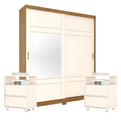 Guarda Roupa Casal Verg Com Kit Mesa De Cabeceira Campeche Nature Off White - Henn