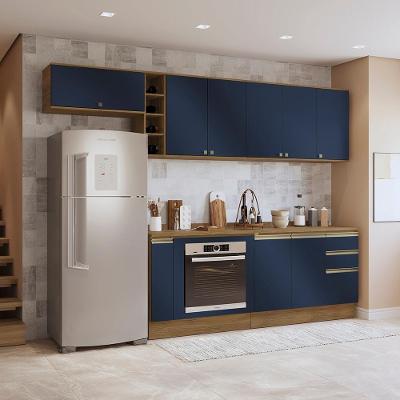 Armário De Cozinha Completa 3 Gavetas 100% Mdf 300cm Nogueira/azul Profundo Celeste Kappesberg