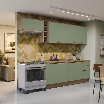Armário De Cozinha Completa 100% Mdf 300cm Nogueira/verde Celeste Kappesberg