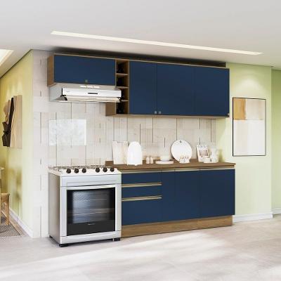 Armário De Cozinha Completa Garrafeiro 100% Mdf 260cm Nogueira/azul Profundo Celeste Kappesberg