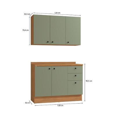 Armário de Cozinha Compacta Pixel 3 Portas 3 Gavetas MDF 120cm Verde