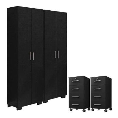 Kit 2 Gaveteiros Para Escritório Gávea Com Chave E 2 Livreiros Office Com Portas Grandes Preto Fosco - Móveis Leão