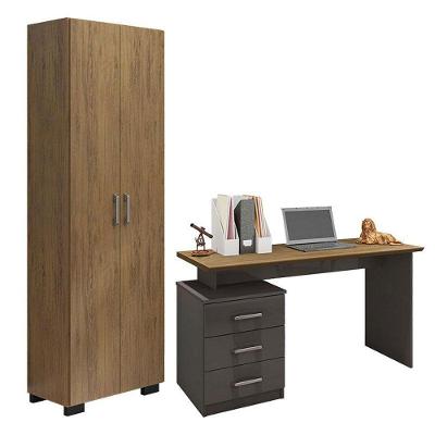 Mesa Para Computador Flay E Livreiro Office Com Portas Grandes Freijó Grafite Perolizado