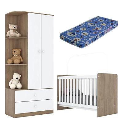 Berço Nacional E Guarda Roupa Infantil Labirinto Rústico Branco Brilho Com Colchão Ortobom - Henn