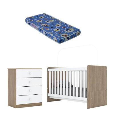 Berço Nacional E Cômoda Infantil Labirinto Rústico Branco Brilho Com Colchão Ortobom - Henn
